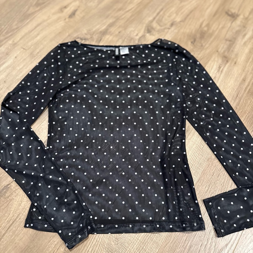 Divided Black Sheer Top with White Dots